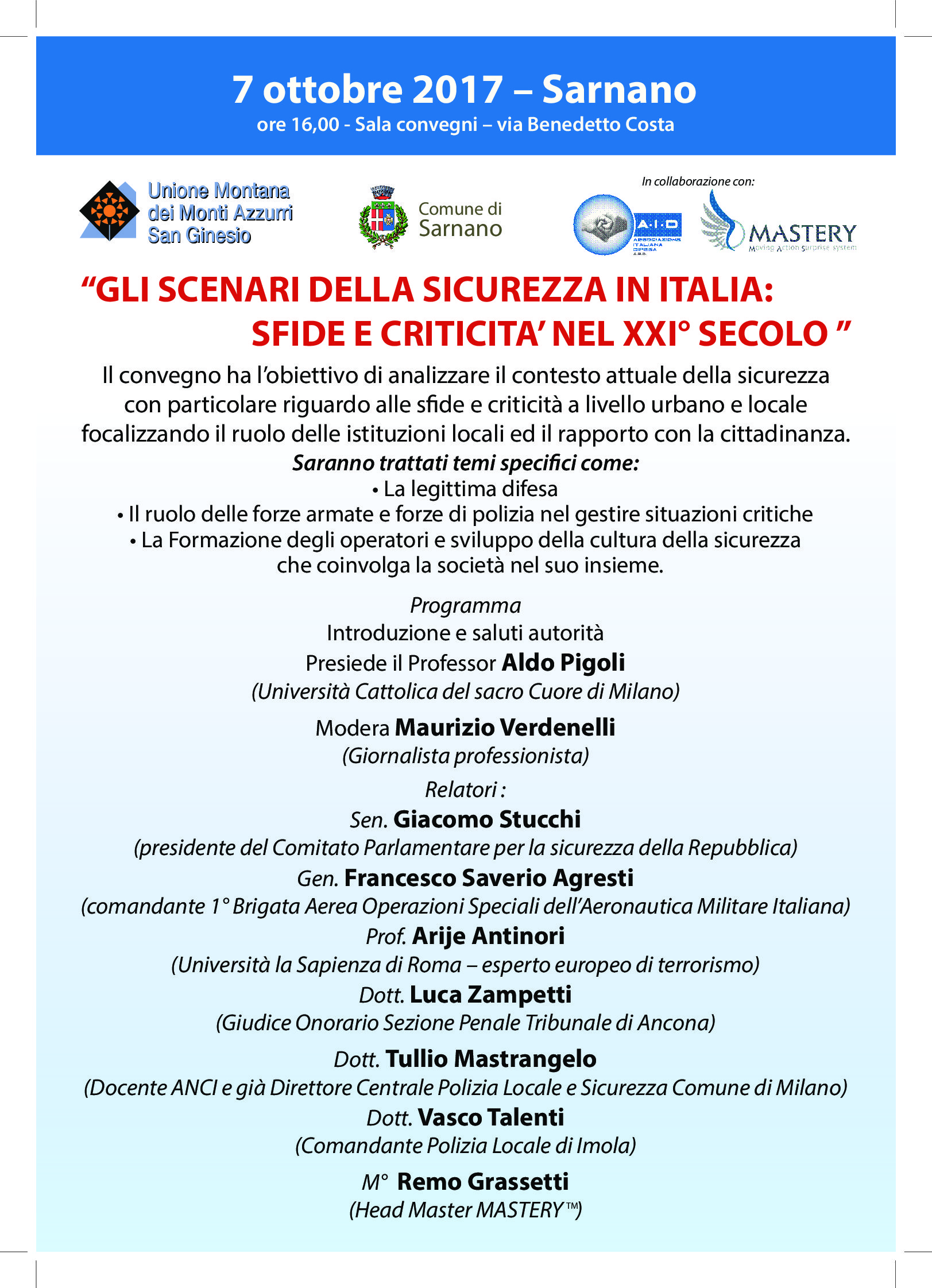 Conference on Security Scenarios in Italy - Sarnano (MC) - Mastery Mas